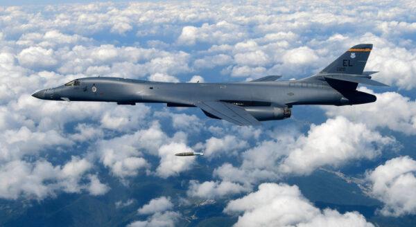 In this handout image provided by the South Korean Defense Ministry, a U.S. Air Force B-1B Lancer bomber drops an MK-84 bomb during training at the Pilsung Firing Range in Gangwon-do, South Korea, on Sept. 18, 2017. (South Korean Defense Ministry via Getty Images)