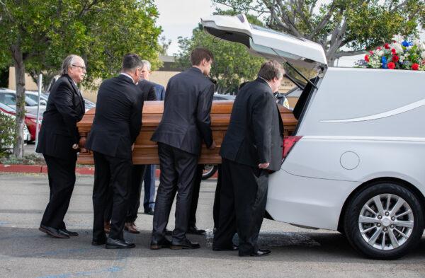 pallbearers at the memorial service of former Orange County Supervisor William G. Steiner in Orange, Calif., on Jan. 13, 2023. (John Fredricks/The Epoch Times)