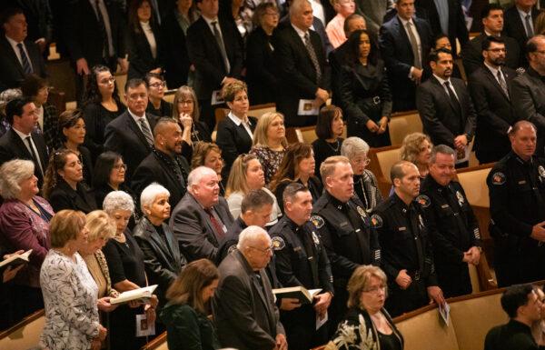 Family and friends partake in the memorial service of former Orange County Supervisor William G. Steiner in Orange, Calif., on Jan. 13, 2023. (John Fredricks/The Epoch Times)