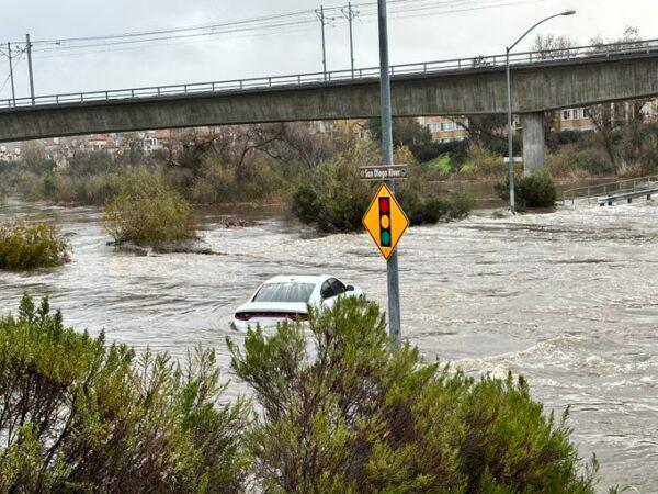 Roadways are flooded along the San Diego River at Camino Del Este on Jan. 16, 2023.<br/>(Courtesy of the National Weather Service San Diego)