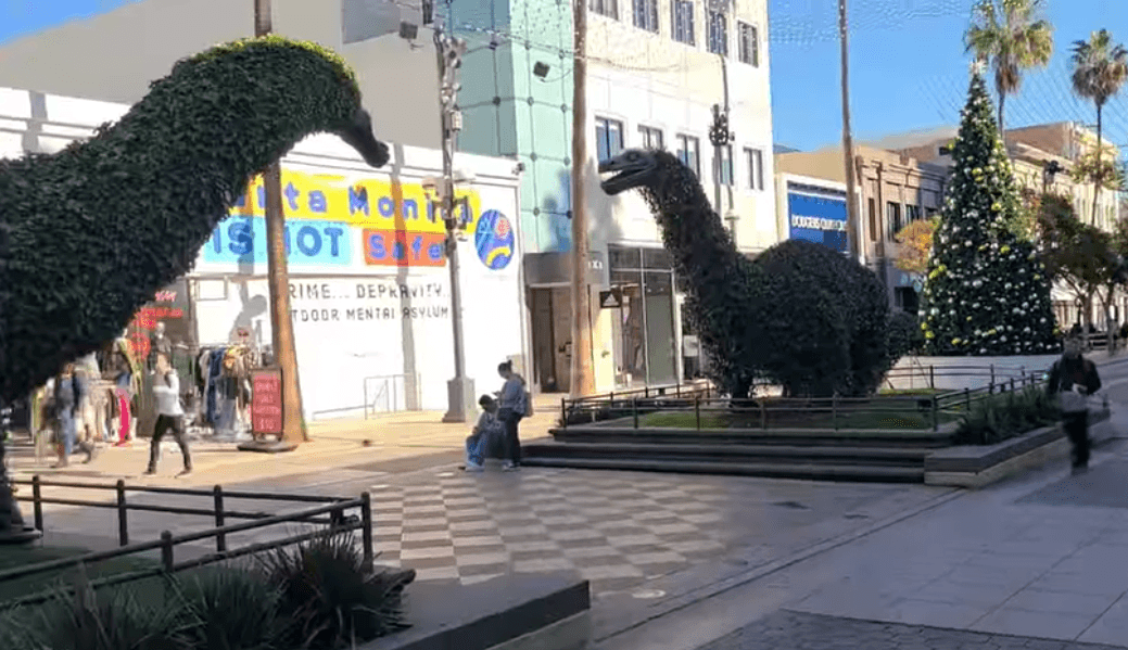 A large sign reading "Santa Monica is Not Safe" is displayed at the Third Street Promenade shopping area in Santa Monica, Calif. (Courtesy of The Santa Monica Coalition)