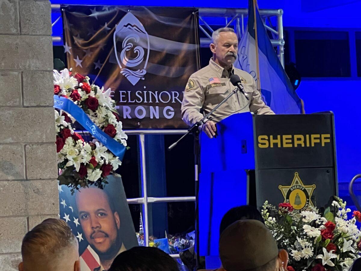 Riverside County Sheriff Chad Bianco honors slain Deputy Darnell Calhoun at the sheriff’s department’s station in Lake Elsinore, Calif., on Jan. 17, 2023. (Brad Jones/The Epoch Times)