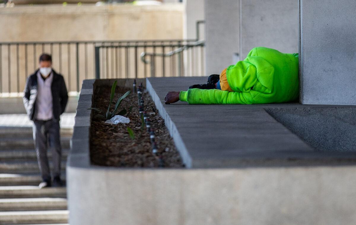A homeless individual in Los Angeles, Calif., on Jan 27, 2023. (John Fredricks/The Epoch Times)