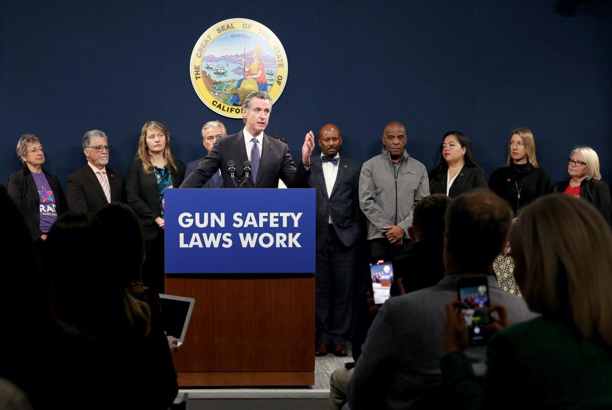 California Gov. Gavin Newsom speaks during a press conference in Sacramento on Feb. 1 2023. (Justin Sullivan/Getty Images)