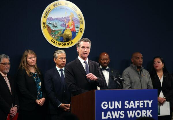 California Gov. Gavin Newsom speaks during a press conference in Sacramento on Feb. 1, 2023. (Justin Sullivan/Getty Images)