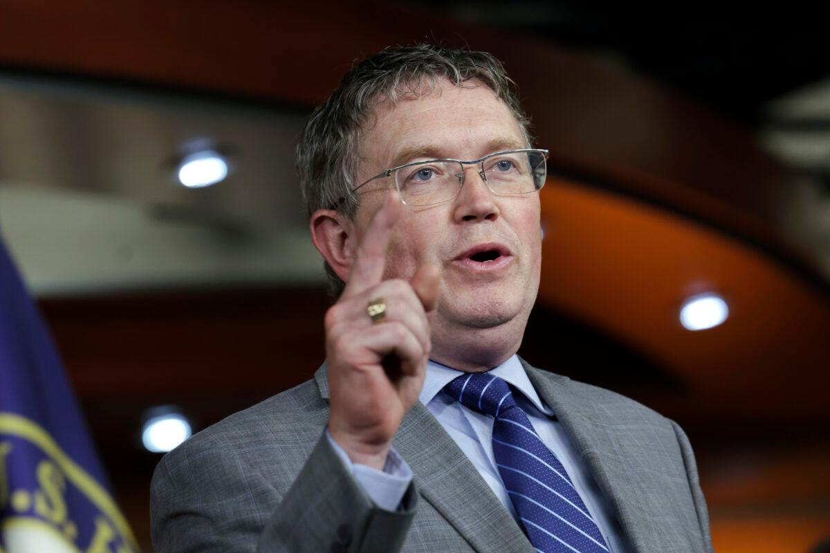 Rep. Thomas Massie (R-Ky.) speaks at the U.S. Capitol on June 8, 2022. (Kevin Dietsch/Getty Images)