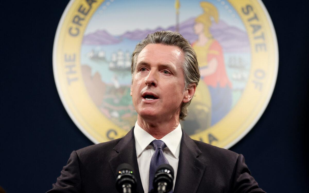 California Gov. Gavin Newsom speaks during a press conference in Sacramento on Feb. 1, 2023. (Justin Sullivan/Getty Images)