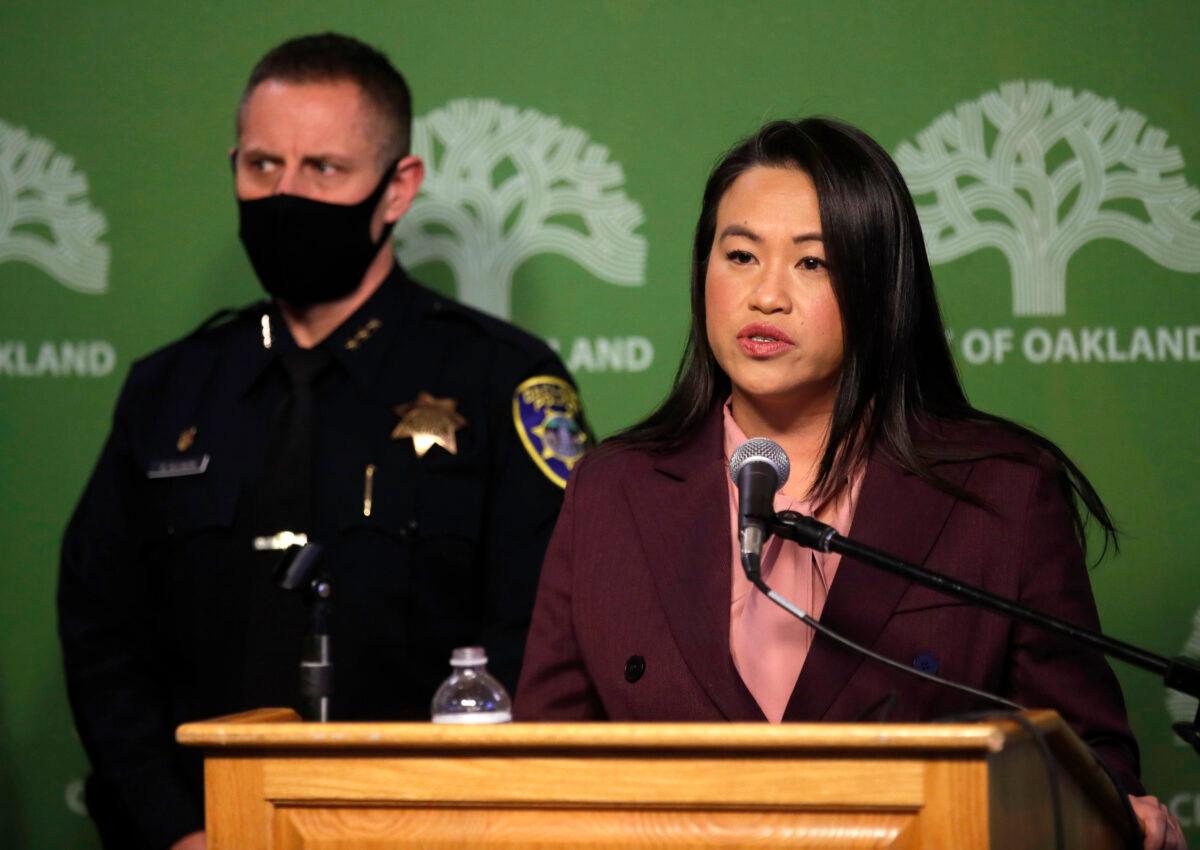 Oakland Mayor Sheng Thao announces the firing of Oakland police Chief LeRonne Armstrong during a press conference at City Hall in Oakland, Calif., on Feb. 15, 2023. (Jane Tyska/Bay Area News Group via AP)