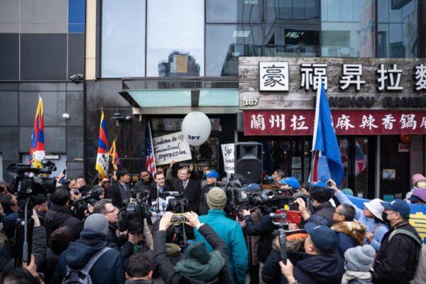 Rep. Mike Gallagher (R-Wis.) speaks at a press conference and rally in front of the America ChangLe Association highlighting Beijing’s transnational repression, in New York City on Feb. 25, 2023. A now-closed overseas Chinese police station is located inside the association building. (Samira Bouaou/The Epoch Times)