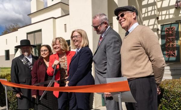 Orange County Supervisor Katina Foley (3rd L) prepares to cut the ceremonial ribbon for the reopening of the San Juan Capistrano Library in San Juan Capistrano, Calif., on March 7, 2023. (John Fredricks/The Epoch Times)