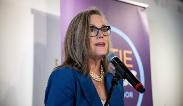 Then Governor-elect of Arizona Katie Hobbs speaks to attendees at a rally to celebrate Hobbs's victory in Phoenix, Ariz., on Nov. 15, 2022. (Jon Cherry/Getty Images)