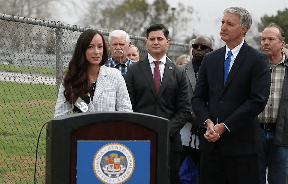 Teacher Jessica Tapia speaks at a press conference with Assemblyman Bill Essayli (C) and attorney Brad Dacus (R) at Jurupa Valley High School in Jurupa Valley, Calif., on March 13, 2023. (Screenshot via YouTube/Bill Essayli)