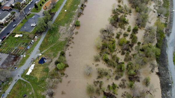 A flooded Pajaro River in Pajaro, Calif., on March 14, 2023. (California Strawberry Commission via AP)