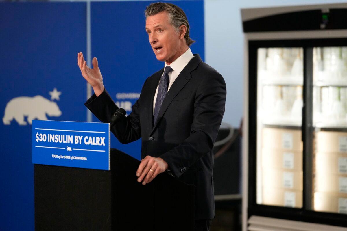 California Gov. Gavin Newsom comments on the current high prices of insulin as he announces a partnership with Civica Rx, a non-for-profit pharmaceutical company intended to manufacture insulin for the State of California's CalRx Biosimilar Insulin Initiative, at a dramatically lower cost, during a visit to a Kaiser Permanente warehouse in Downey, Calif., on March 18, 2023. (Damian Dovarganes/AP Photo)
