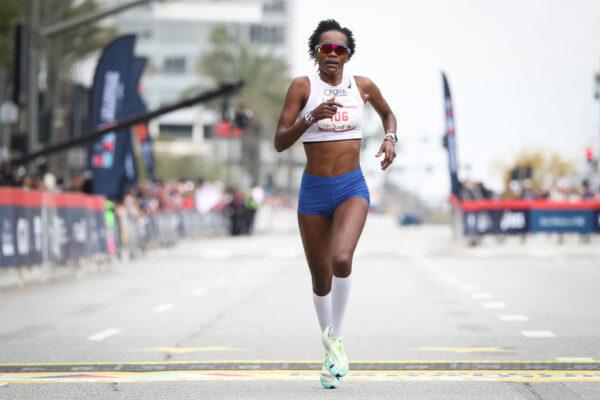 Grace Kahura of Kenya finishes third in the Los Angeles Marathon in Los Angeles on March 19, 2023. (Meg Oliphant/Getty Images)