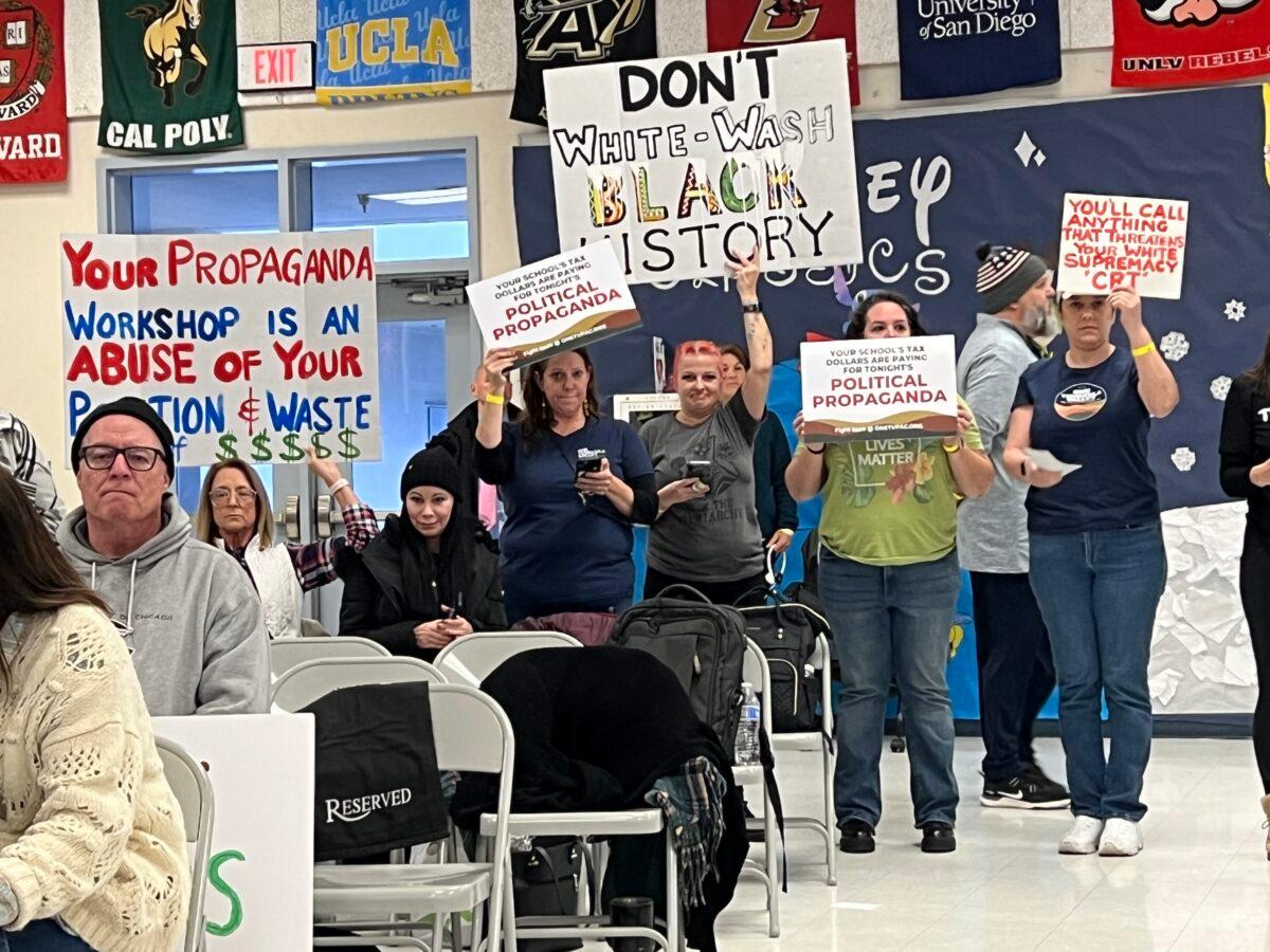 People protest a special meeting to discuss critical race theory with the Temecula Valley Unified School District Board and invited experts in Temecula, Calif., on March 22, 2023. (Brad Jones/The Epoch Times)