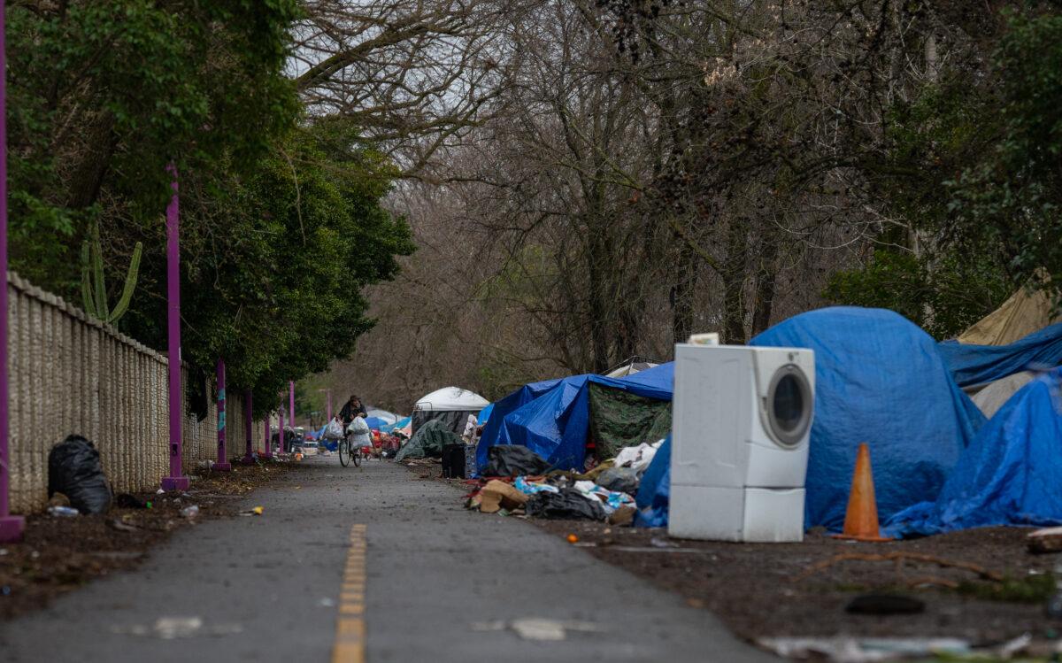 A homeless encampment in Chico, Calif., on March 12, 2023. (John Fredricks/The Epoch Times)