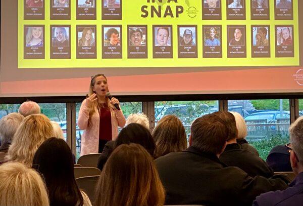 Amy Neville shares about the dangers of Fentanyl in Laguna Niguel, Calif., on April 12, 2023. (John Fredricks/The Epoch Times)