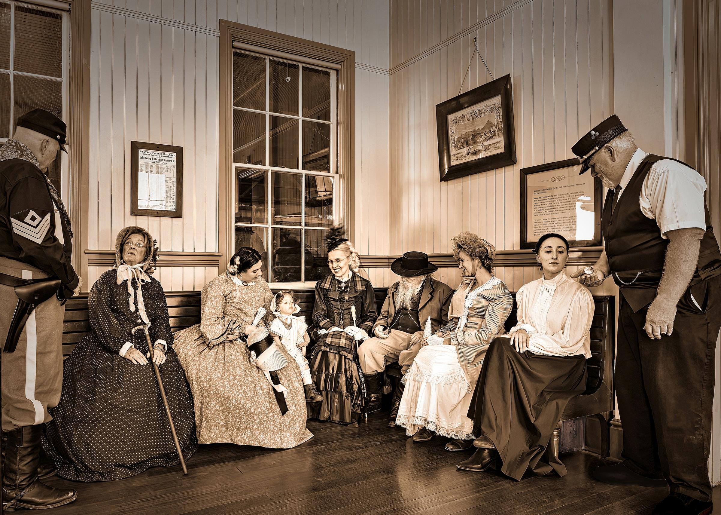 Old West Legends reenactors at railroad station waiting to go aboard Sacramento Southern excursion train. (Maria Coulson)