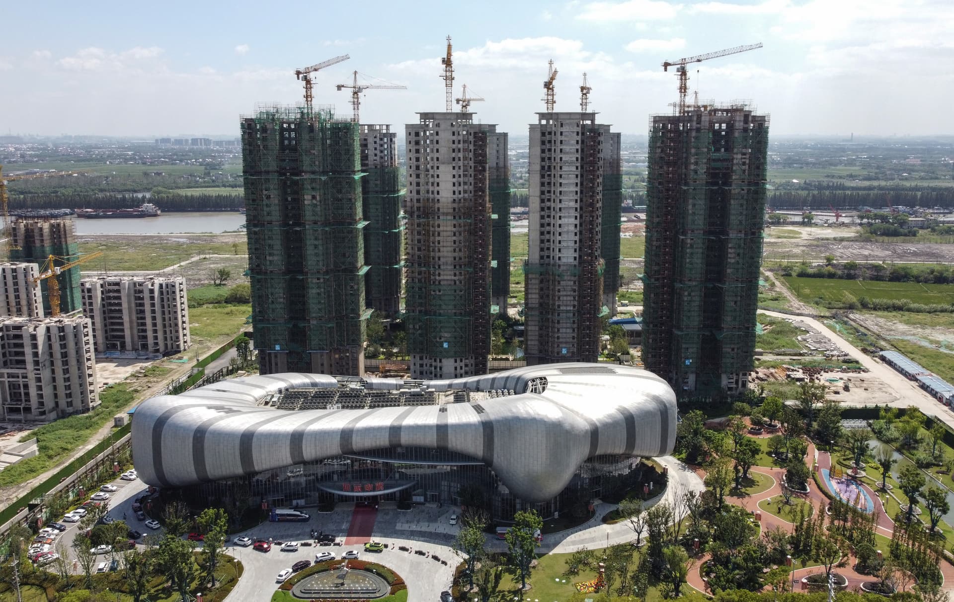 The halted under-construction Evergrande Cultural Tourism City in Taicang, Suzhou, Jiangsu Province, China, on Sept. 17, 2021. (Vivian Lin/AFP via Getty Images)