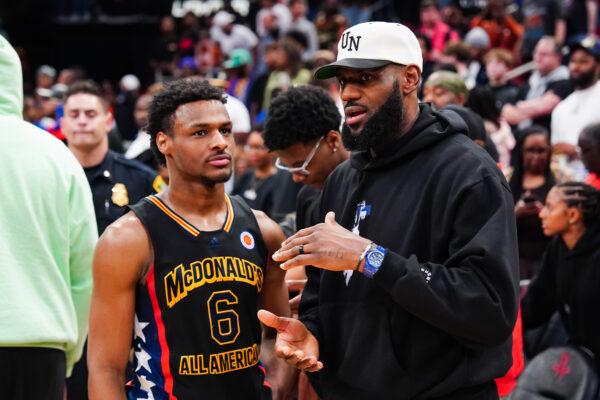 Bronny James #6 of the West team talks to Lebron James of the Los Angeles Lakers after the 2023 McDonald's High School Boys All-American Game at Toyota Center in Houston, Texas on March 28, 2023. (Alex Bierens de Haan/Getty Images)