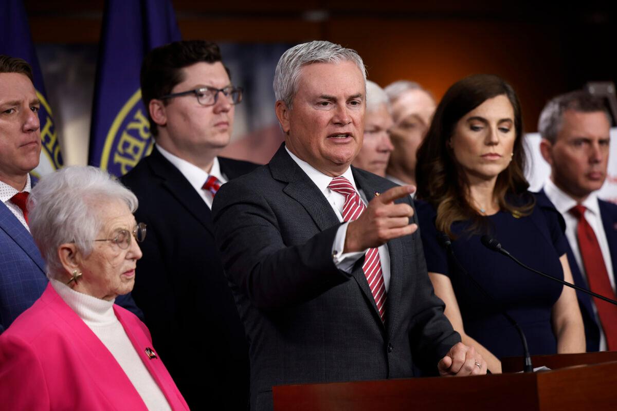 House Oversight and Accountability Committee Chairman James Comer (R-Ky.) and other Republican members of the committee present preliminary findings of their investigation into President Joe Biden's family at a news conference on May 10, 2023, in Washington. (Chip Somodevilla/Getty Images)