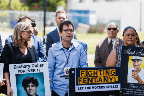 Matt Capelouto, the father of fentanyl poisoning victim Alexandra—the namesake of California's Senate Bill 44—speaks at a press conference to propose to put stricter fentanyl enforcement on the upcoming 2024 ballot, in front of the Capitol in Sacramento on June 6, 2023. (Courtesy of Assembly Republican Caucus)