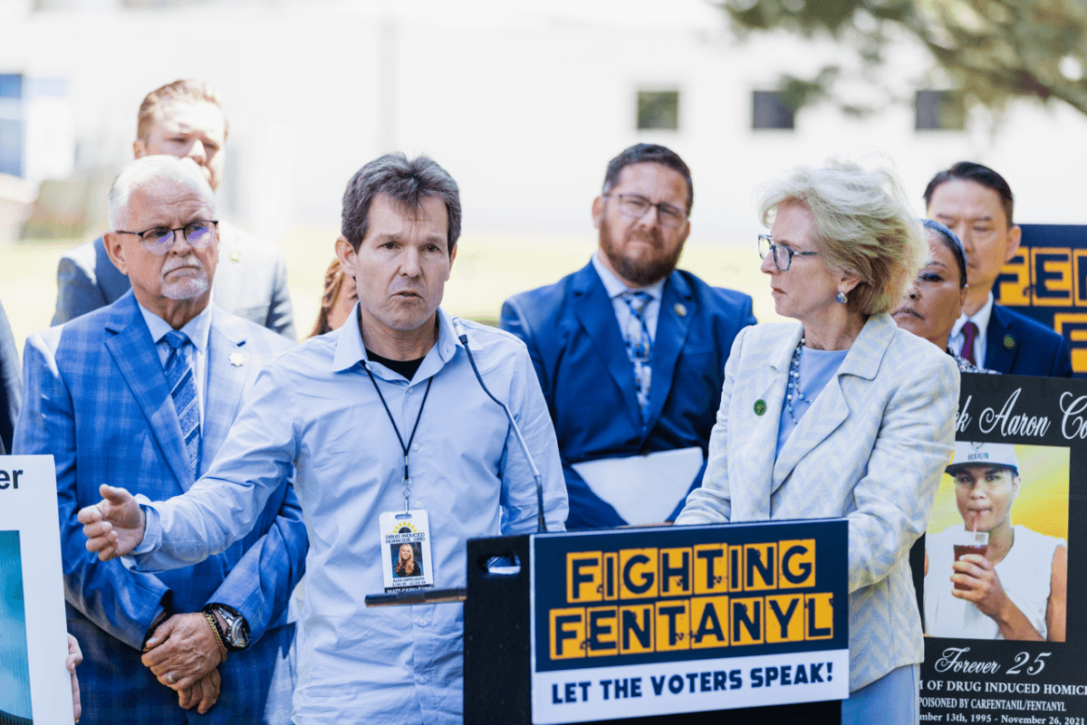 Matt Capelouto, the father of fentanyl poisoning victim Alexandra—the namesake of California Senate Bill 44—speaks at a press conference where California Assemblymembers, law enforcement officials, and local representatives propose to put stricter fentanyl enforcement on the upcoming 2024 ballot, in front of the Capitol in Sacramento, Calif., on June 6, 2023. (Courtesy of Assembly Republican Caucus)