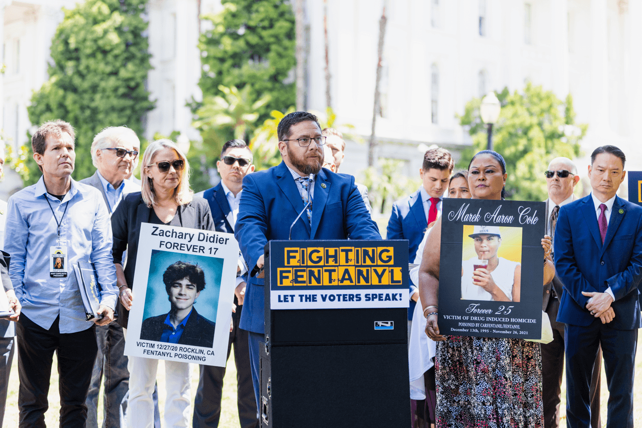 California Assemblyman Juan Alanis (R-Modesto) speaks at a press conference where California Assemblymembers, law enforcement officials, and local representatives propose to put stricter fentanyl enforcement on the upcoming 2024 ballot, in front of the Capitol in Sacramento on June 6, 2023. (Courtesy of Assembly Republican Caucus)