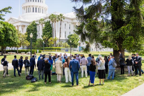 California Assembly members, law enforcement officials, and local representatives meet on June 6, 2023, in front of the Capitol in Sacramento to announce a proposed constitutional amendment that would put stricter fentanyl enforcement on the upcoming 2024 presidential election ballot. (Courtesy of Assembly Republican Caucus)