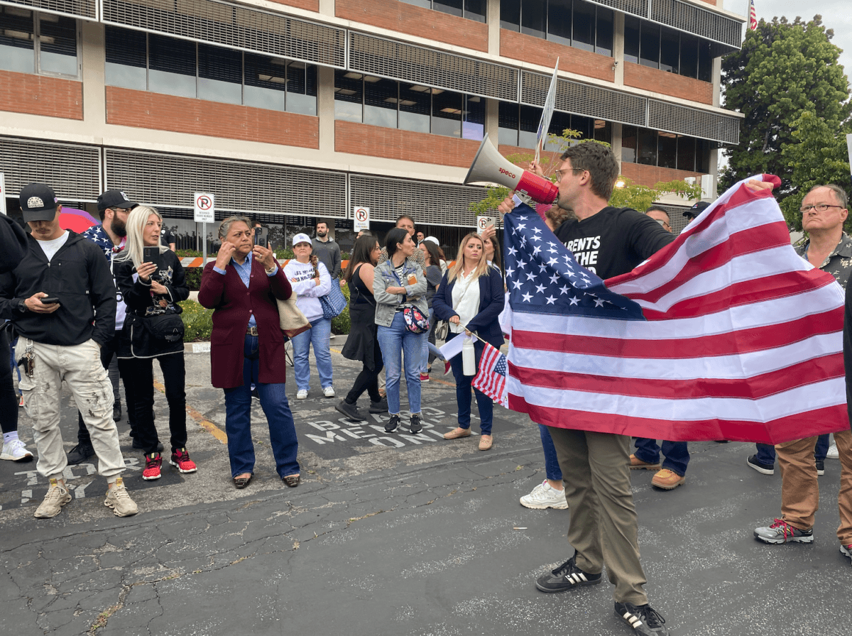 People gather for a demonstration outside of Glendale Unified’s board meeting, where the school board voted unanimously to proclaim June 2023 as “LGBT Pride Month,” in Glendale, Calif., on June 6, 2023. (Micaela Ricaforte/The Epoch Times)