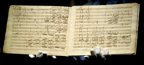 The manuscript for Ludwig van Beethoven's first edition of the Ninth Symphony, on sale at Sotheby's on May 22, 2003.  (Ian Waldie/Getty Images)
