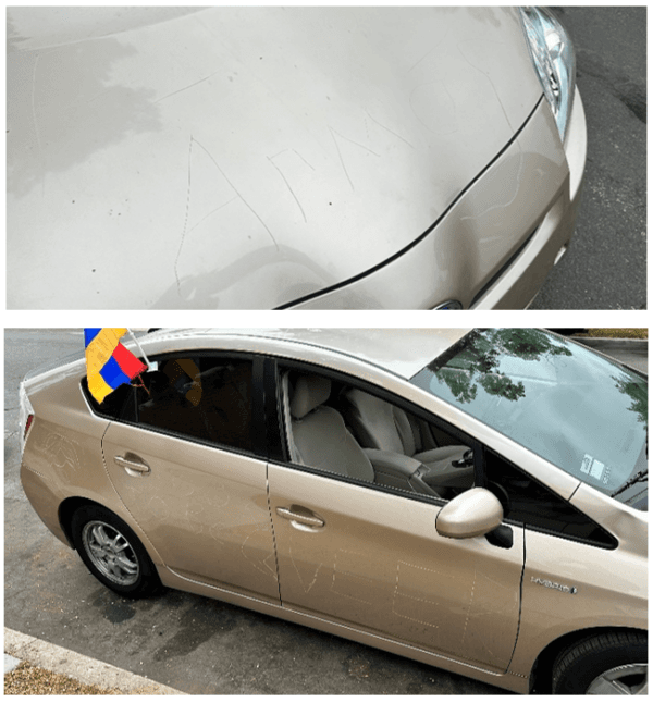 A car is seen keyed with pro-LGBT messages in Glendale, Calif., on June 9, 2023. (Courtesy of Glendale Police Department)