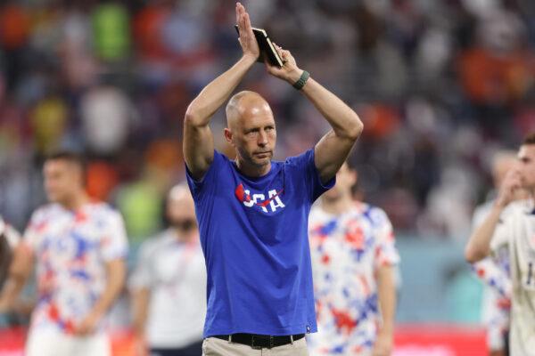 U.S. Coach Gregg Berhalter applauds the fans after a World Cup loss to the Netherlands in Doha, Qatar, on Dec. 3, 2022. (Clive Brunskill/Getty Images)