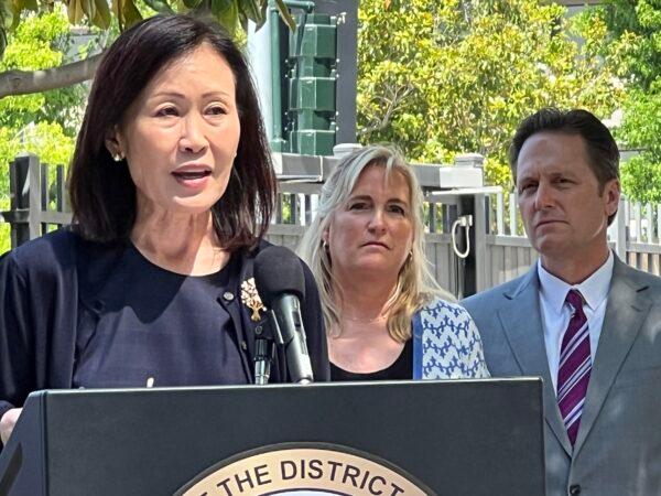 Rep. Michelle Steel (R-Calif.) speaks at a press conference regarding a sharp rise in organized crime including home burglaries and robberies in the United States that are linked to Chilean nationals, in Santa Ana, Calif., on June 16, 2023. (Brad Jones/The Epoch Times)