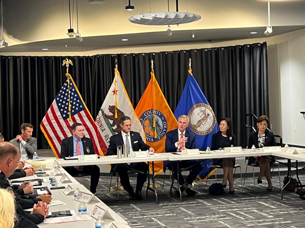 House Speaker Kevin McCarthy (3rd R) speaks at a roundtable regarding a sharp rise in organized crime including home burglaries and robberies in the United States that are linked to Chilean nationals, in Santa Ana, Calif., on June 16, 2023. (Brad Jones/The Epoch Times)