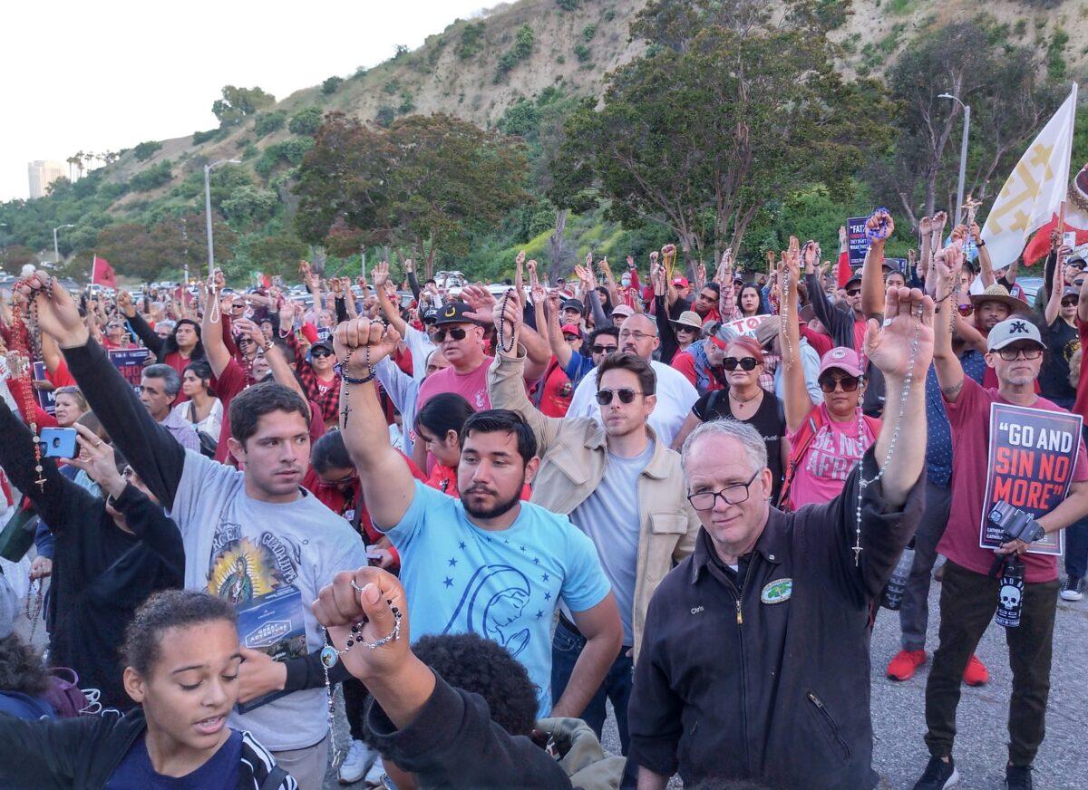 Thousands gather at the gates of Dodger Stadium to protest against the Los Angeles Dodgers' decision to honor an anti-Catholic drag queen group at its annual LGBT celebration in Los Angeles on June 16, 2023. (Courtesy of Catholic Vote)