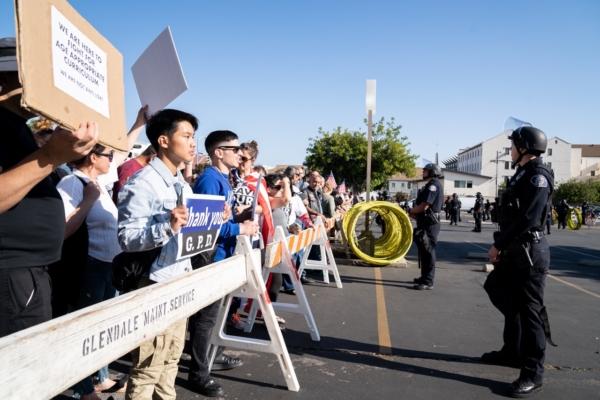 The Glendale Unified School Board’s final meeting of the school year draws dozens of parents, community members, and activists protesting over the district’s policies on LGBT content in schools in Glendale, Calif., on June 20, 2023. (Courtesy of Hasmik Bezirdzhyan)