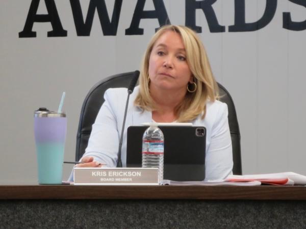 Orange Unified School Board Member Kris Erickson attends a board meeting in Orange, Calif., on June 20, 2023. (Mei Lee/The Epoch Times)