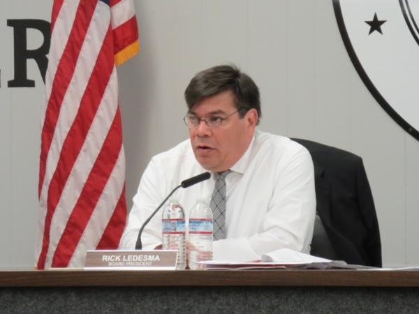 Orange Unified School Board President Rick Ledesma speaks at a board meeting in Orange, Calif., on June 20, 2023. (Mei Lee/The Epoch Times)