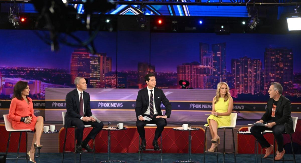 (L-R) Jeanine Pirro, Harold Ford Jr., Jesse Watters, Dana Perino, and Greg Gutfeld speak onstage during the 2022 FOX Nation Patriot Awards at Hard Rock Live at Seminole Hard Rock Hotel & Casino Hollywood in Hollywood, Fla., on Nov. 17, 2022. (Jason Koerner/Getty Images)