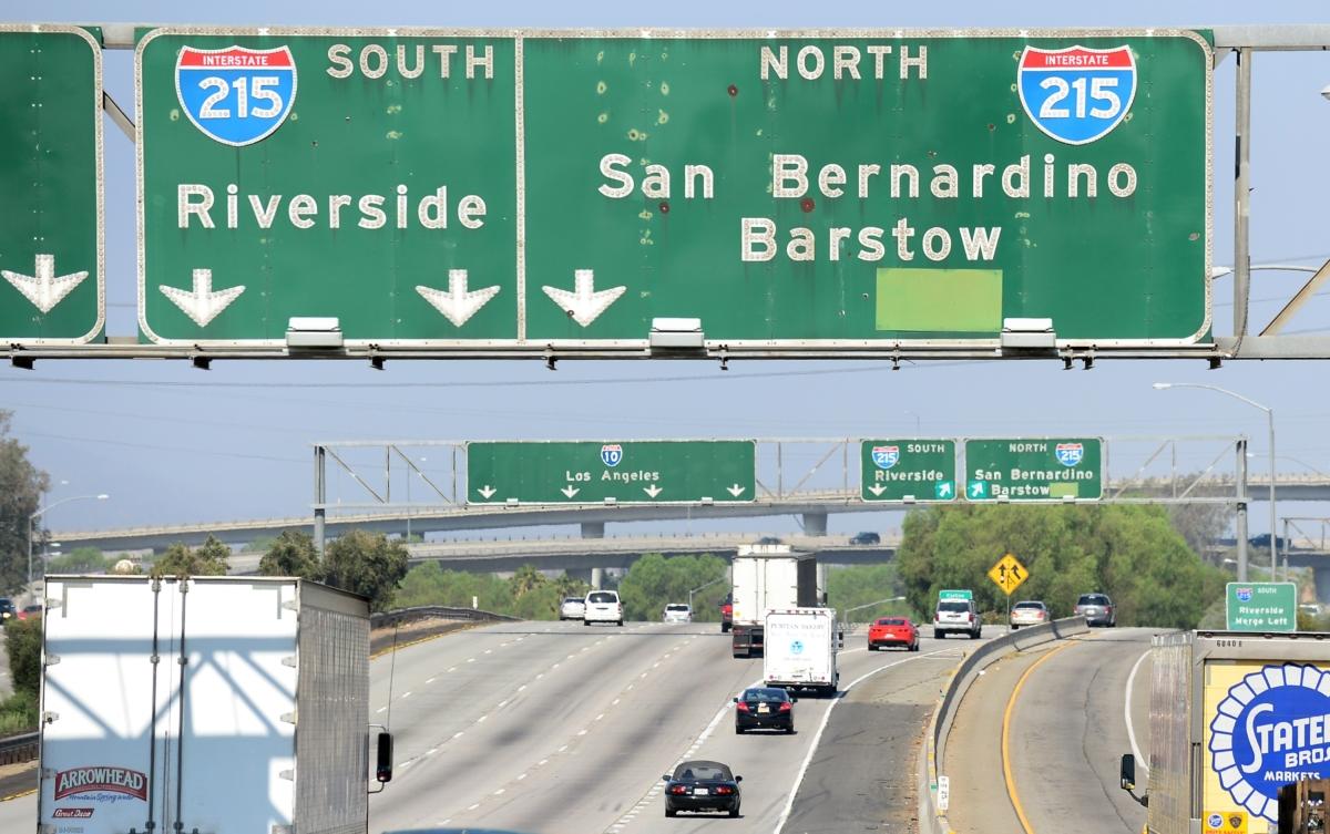 Commuters drive on Interstate 10 West in San Bernardino, Calif., on July 17, 2012. San Bernardino, about 60 miles east of Los Angeles, has seen an increase in its homeless population. (Frederic J. Brown/AFP/Getty Images)