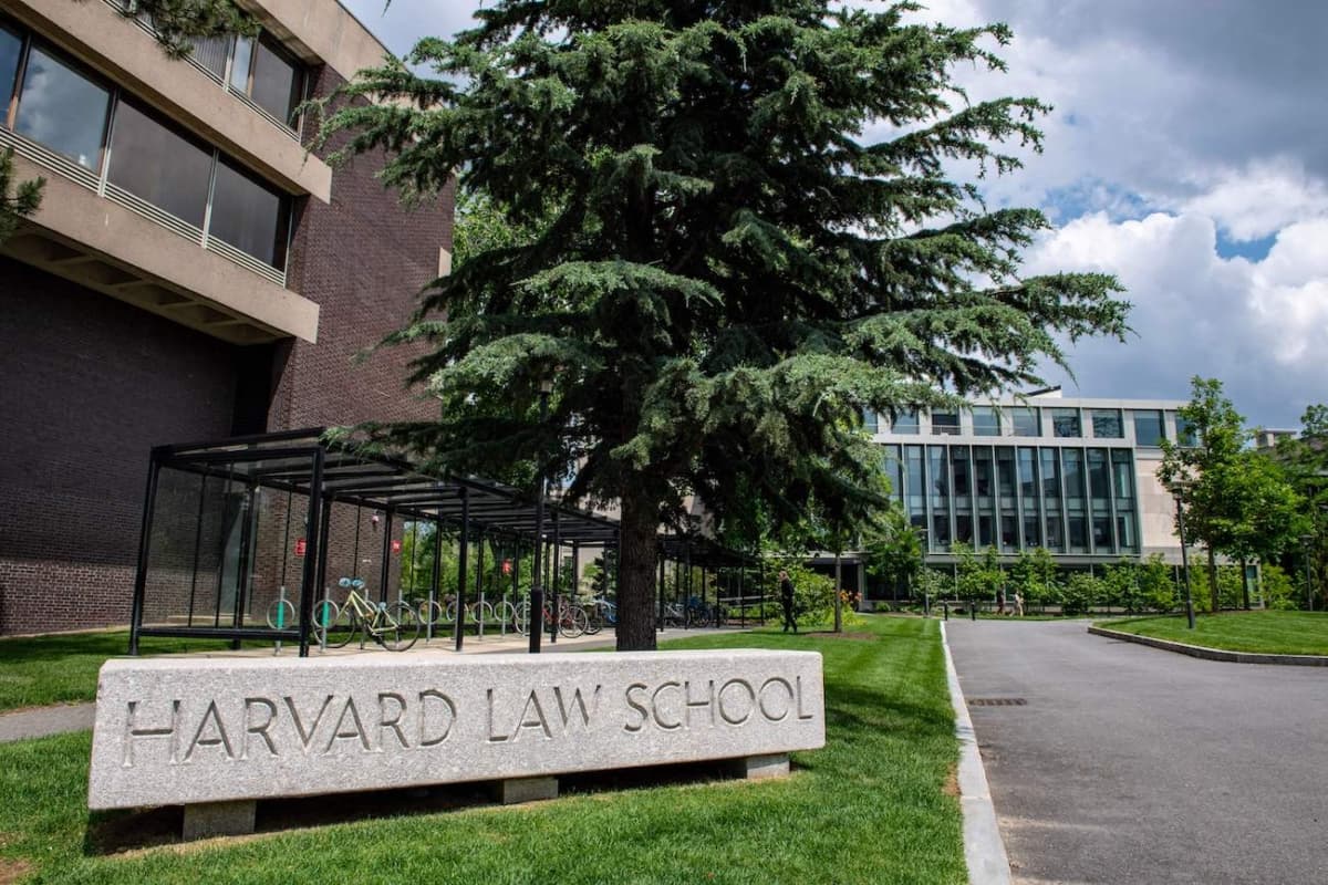 The entrance to Harvard Law School in Cambridge, Mass., on June 29, 2023. (Joseph Prezioso/AFP via Getty Images)