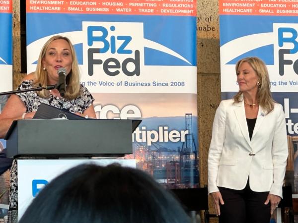 Los Angeles County Supervisor Kathryn Barger (L) accepts the Mayor Richard Riordan Legacy Award by the Los Angeles County Business Federation at the 2nd Annual Bizzi Awards held at the Japanese American National Museum in the Little Tokyo District of Los Angeles on June 28, 2023. (Jill McLaughlin/The Epoch Times)