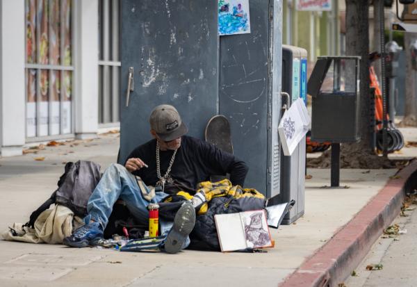 A homeless man in Santa Monica, Calif., on June 2, 2023. (John Fredricks/The Epoch Times)