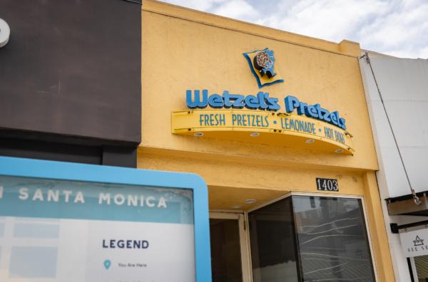 The recently closed Wetzels Pretzels of Santa Monica, Calif., on June 2, 2023. (John Fredricks/The Epoch Times)