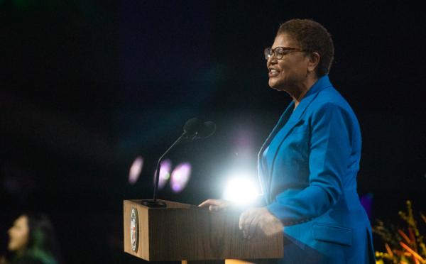 Karen Bass speaks at her mayoral inauguration ceremony at the Microsoft Theatre in Los Angeles on Dec. 11, 2022. (John Fredricks/The Epoch Times)