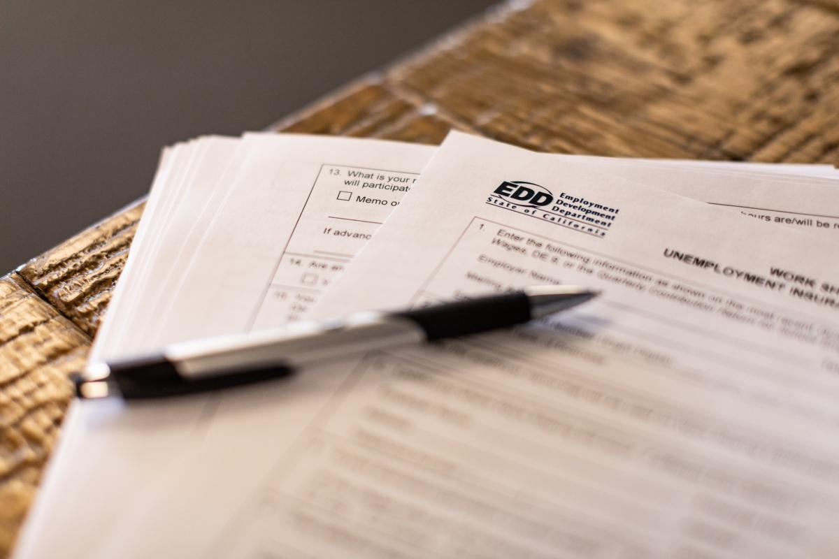 Employment Development Department paperwork in Irvine, Calif., on April 2, 2021. (John Fredricks/The Epoch Times)