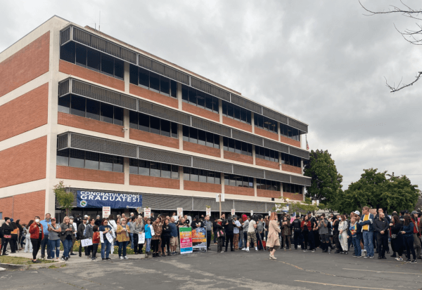 Several hundred people gathered for a demonstration outside of Glendale Unified’s board meeting, where the school board voted unanimously to proclaim June 2023 as “LGBT Pride Month,” in Glendale, Calif., on June 6, 2023. (Micaela Ricaforte/The Epoch Times)