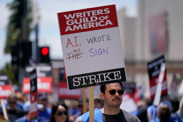 Members of the The Writers Guild of America picket outside Fox Studios in Los Angeles on May 2, 2023. (Ashley Landis/AP Photo)